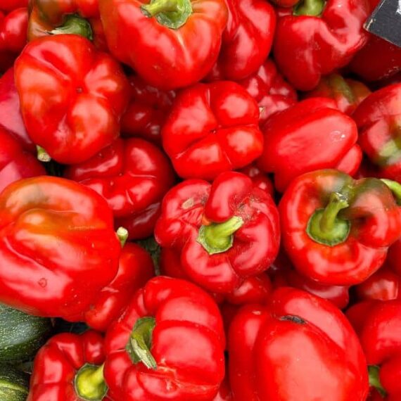 Pimientos rojos frescos al granel en la feria de Santiago